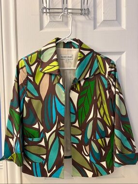 Andre Oliver Brown, Green & Teal retro Leaf-Print Women's Jacket. Vintage Size 6